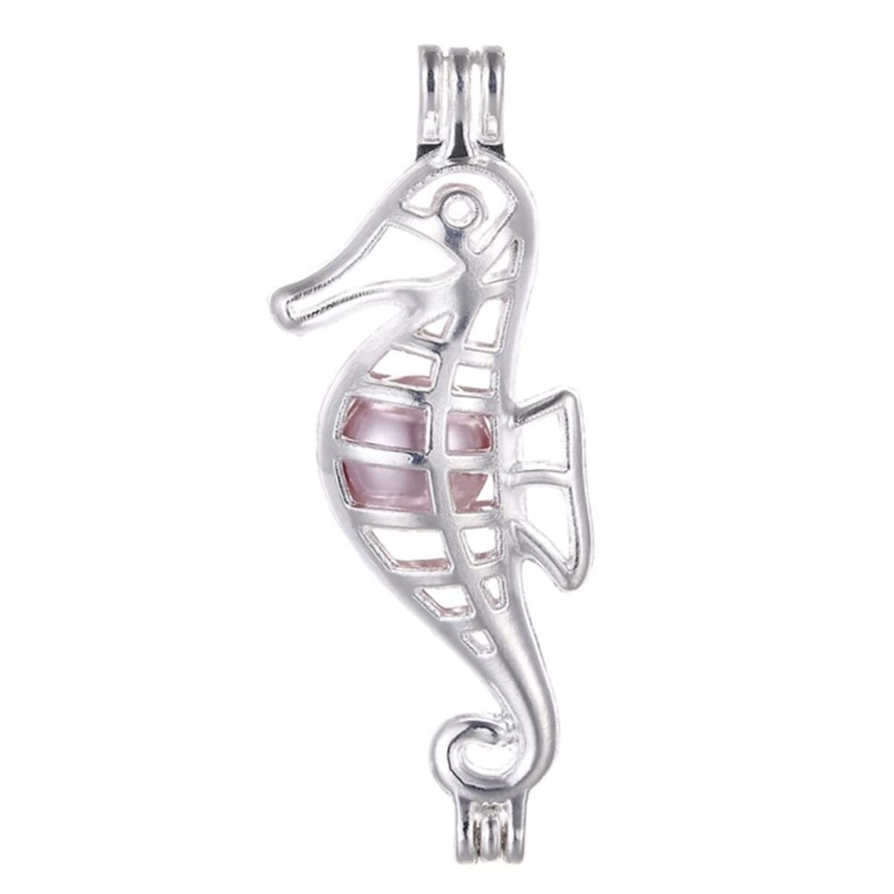 6529 10pcs Silver Sea Horse Pearl Cage Locket Pendants, Essential Oil